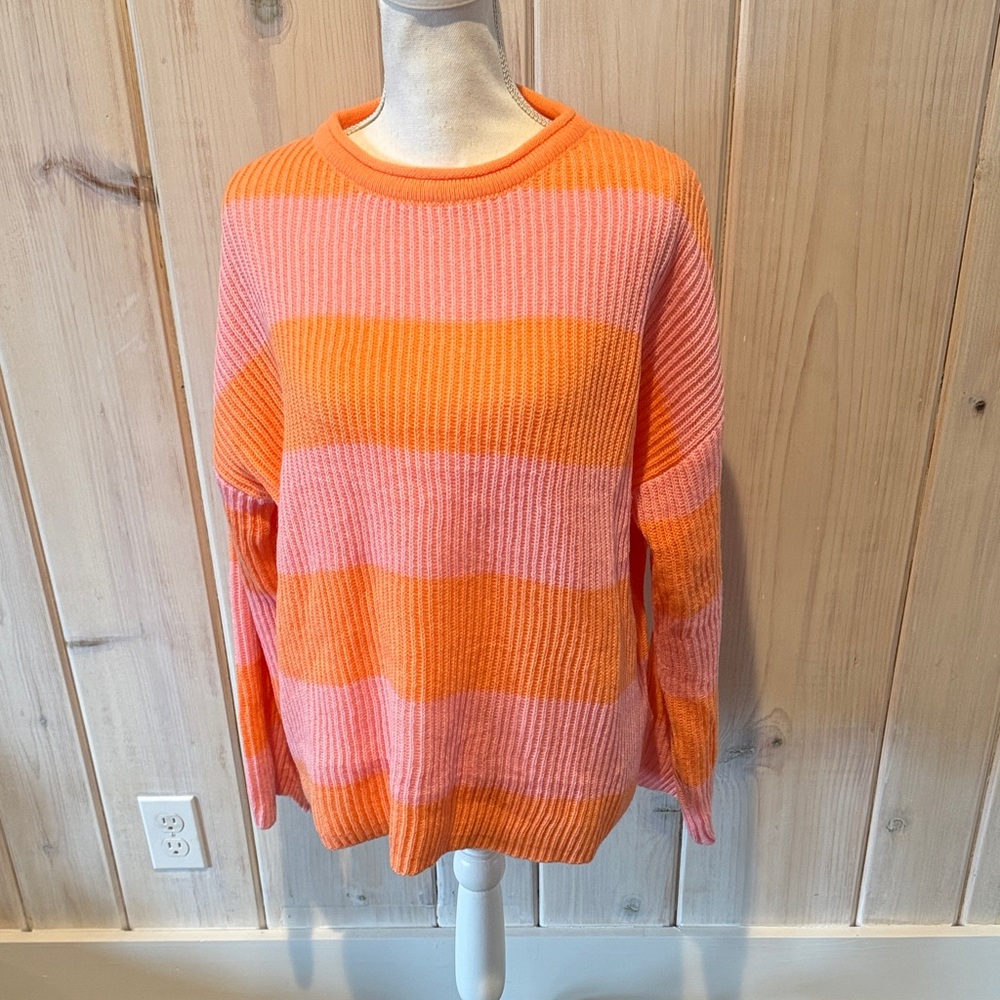 Striped Pink & Orange Ribbed Knit Sweater - Women